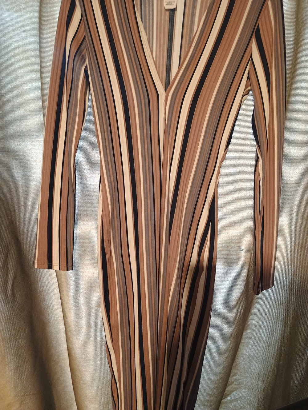 V-Neck Long Sleeve Striped Midi Dress in Brown and Cream
